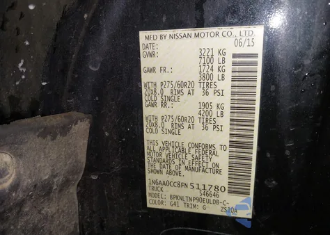 2015 Nissan Titan Sv z USA, uszkodzony, nr VIN 1N6AA0CC8FN511780